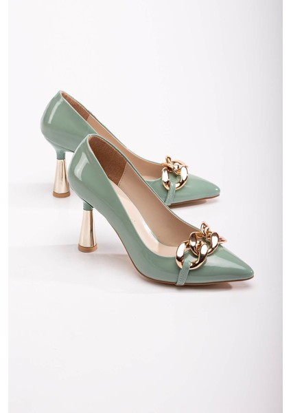 Kadın Zincirli Topuklu Ayakkabı Mint Yeşili Rugan