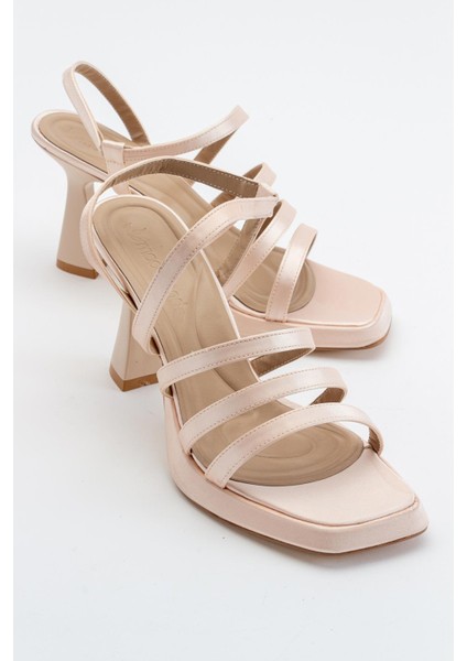 3 Biyeli Platformlu Kadın Topuklu Sandalet Ten Saten