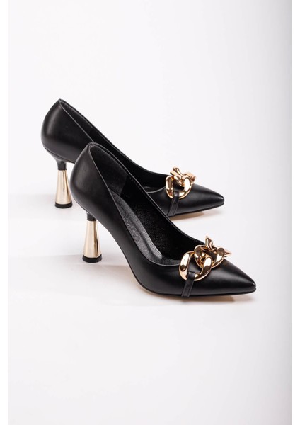 Kadın Zincirli Topuklu Ayakkabı Siyah Cilt