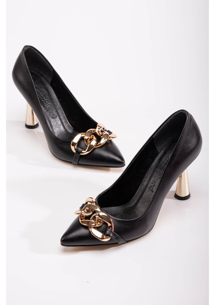 Kadın Zincirli Topuklu Ayakkabı Siyah Cilt modelleri