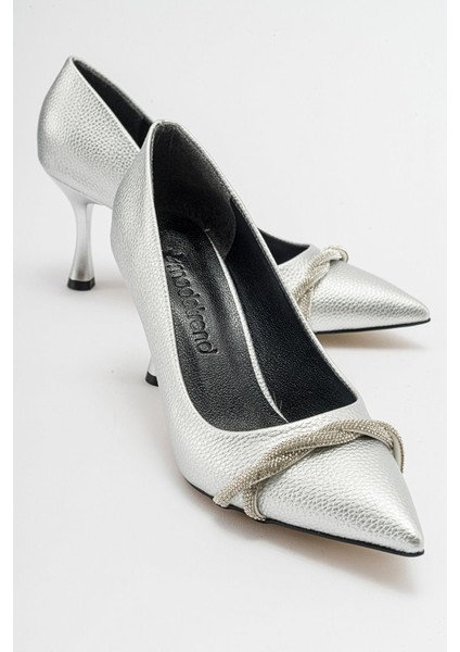 Kadın Dolama Taşlı Stiletto Gümüş Baskılı