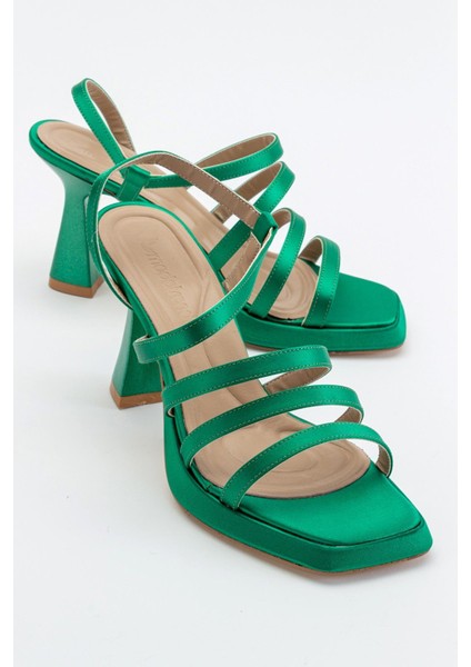 3 Biyeli Platformlu Kadın Topuklu Sandalet Çimen Yeşili Saten