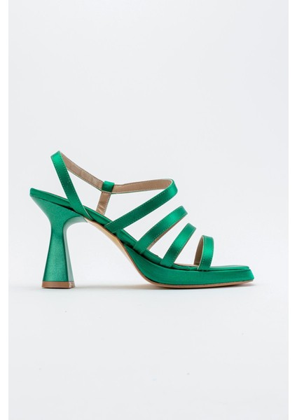 3 Biyeli Platformlu Kadın Topuklu Sandalet Çimen Yeşili Saten fiyatları