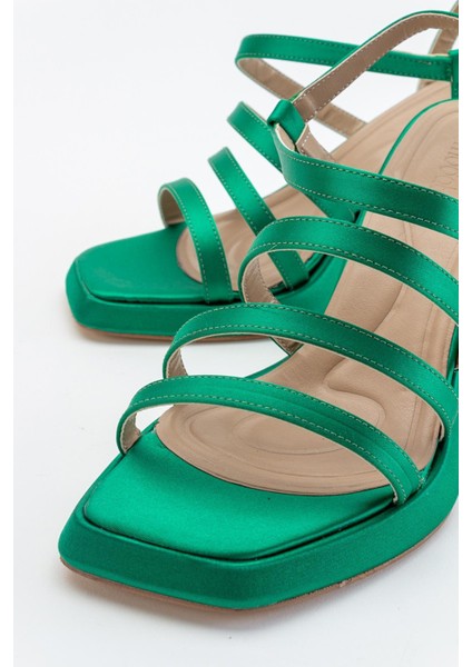 3 Biyeli Platformlu Kadın Topuklu Sandalet Çimen Yeşili Saten modelleri