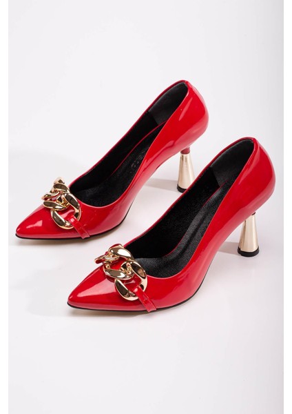 Kadın Zincirli Topuklu Ayakkabı Kırmızı Rugan fiyatları