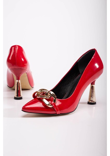 Kadın Zincirli Topuklu Ayakkabı Kırmızı Rugan modelleri