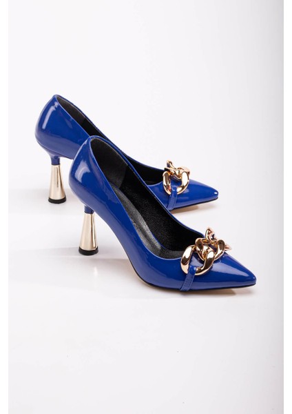 Kadın Zincirli Topuklu Ayakkabı Sax Mavi Rugan