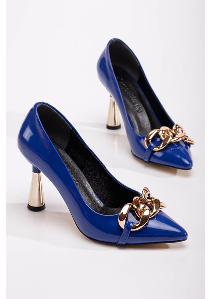 Kadın Zincirli Topuklu Ayakkabı Sax Mavi Rugan fiyatları