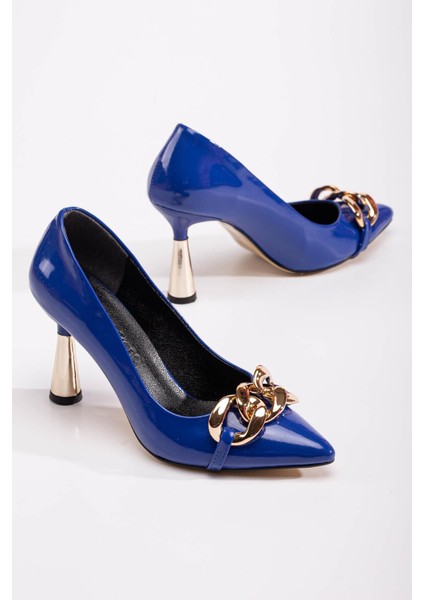 Kadın Zincirli Topuklu Ayakkabı Sax Mavi Rugan modelleri