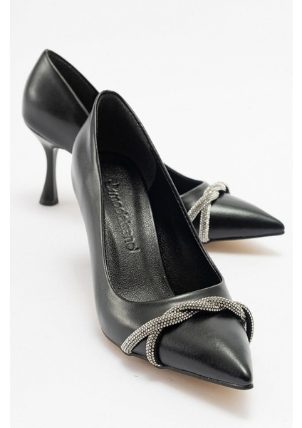 Kadın Dolama Taşlı Stiletto Siyah Cilt