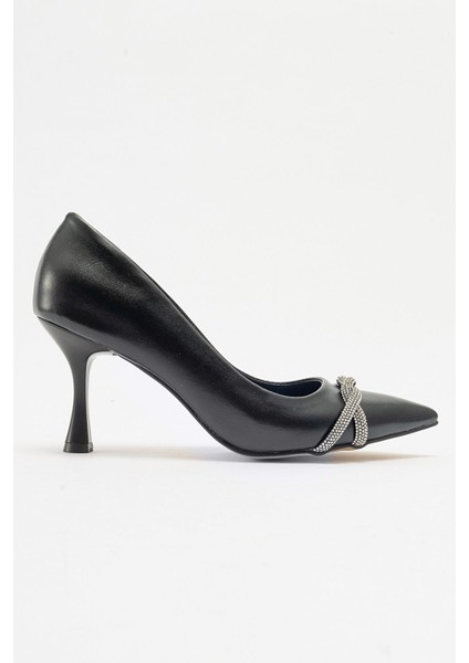Kadın Dolama Taşlı Stiletto Siyah Cilt