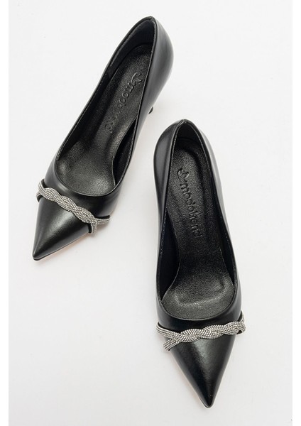 Kadın Dolama Taşlı Stiletto Siyah Cilt