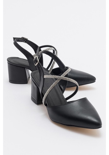 Kadın Çapraz Taşlı Topuklu Ayakkabı Siyah Cilt