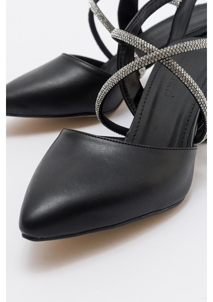 Kadın Çapraz Taşlı Topuklu Ayakkabı Siyah Cilt modelleri