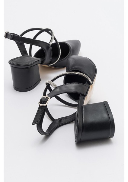 Kadın Çapraz Taşlı Topuklu Ayakkabı Siyah Cilt fırsatları