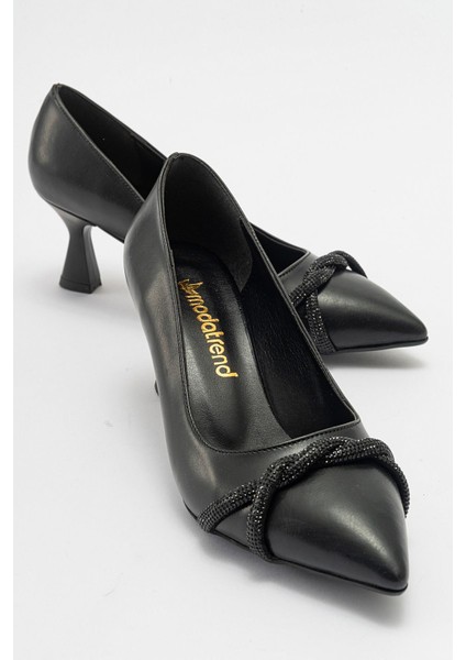Çapraz Taşlı Kadın Stiletto Ayakkabı Siyah Cilt Siyah