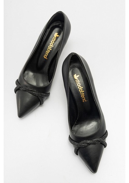 Çapraz Taşlı Kadın Stiletto Ayakkabı Siyah Cilt Siyah