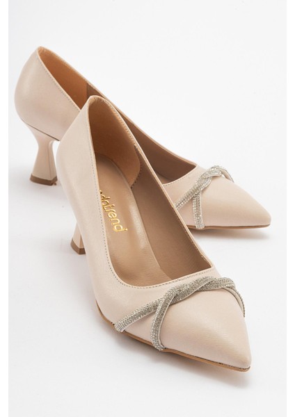 Çapraz Taşlı Kadın Stiletto Ayakkabı Ten Cilt Gümüş
