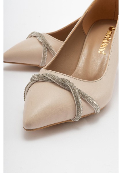 Çapraz Taşlı Kadın Stiletto Ayakkabı Ten Cilt Gümüş