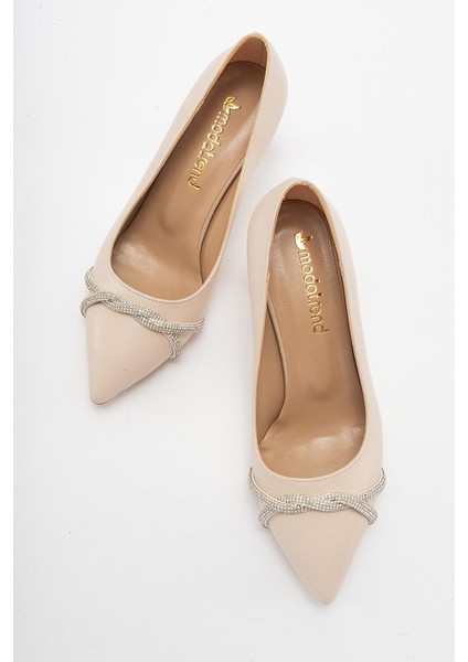 Çapraz Taşlı Kadın Stiletto Ayakkabı Ten Cilt Gümüş