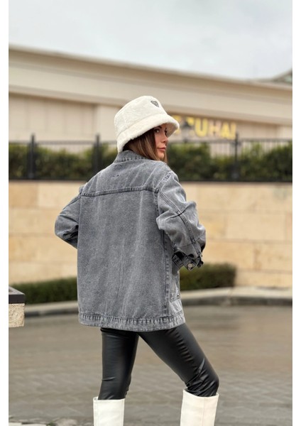 Kadın Gri Geniş Cepli, Kaliteli Jeans Kumaş, Salaş Kot Ceket fiyatları