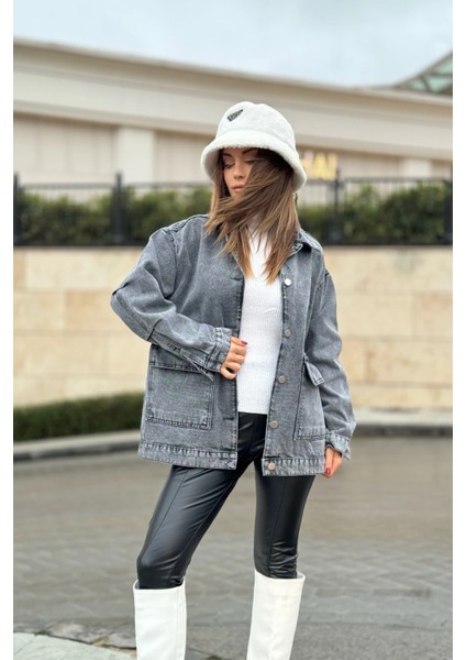 Kadın Gri Geniş Cepli, Kaliteli Jeans Kumaş, Salaş Kot Ceket indirimleri