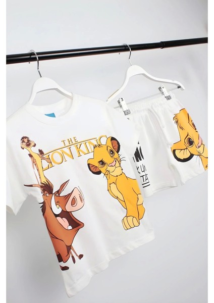 Çocuk Aslan Lion King Baskılı Pamuklu Bisiklet Yaka Beyaz T-Shirt ve Şort Alt Üst Takım