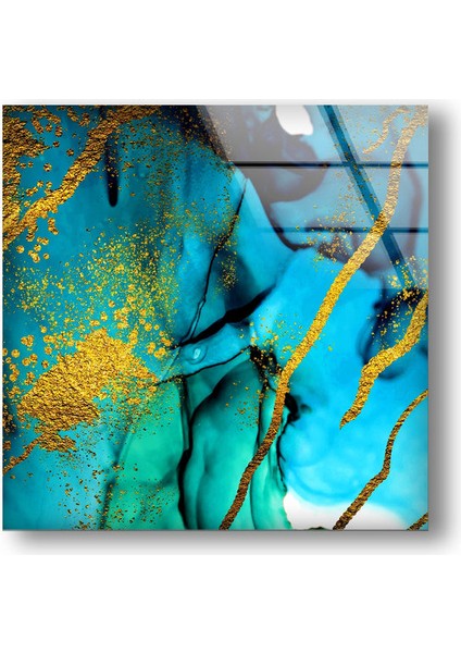 Mavi Altın Sıçratmalı Soyut Cam Duvar Tablosu