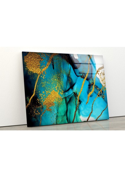 Mavi Altın Sıçratmalı Soyut Cam Duvar Tablosu fiyatları
