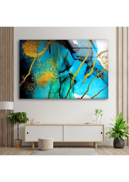 Mavi Altın Sıçratmalı Soyut Cam Duvar Tablosu modelleri