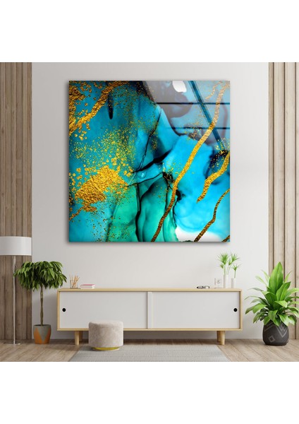 Mavi Altın Sıçratmalı Soyut Cam Duvar Tablosu fırsatları