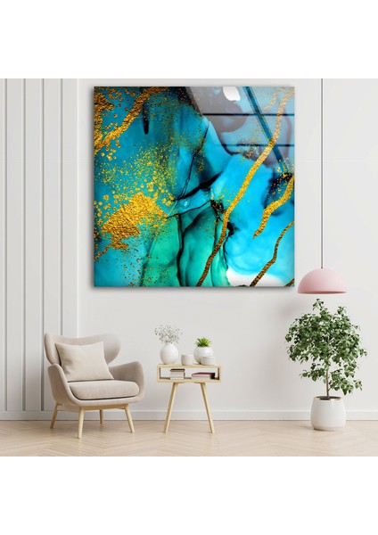 Mavi Altın Sıçratmalı Soyut Cam Duvar Tablosu indirimleri