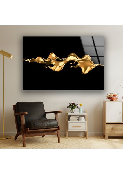 Altın Mürekkep Sıçratmalı Soyut Cam Duvar Tablosu