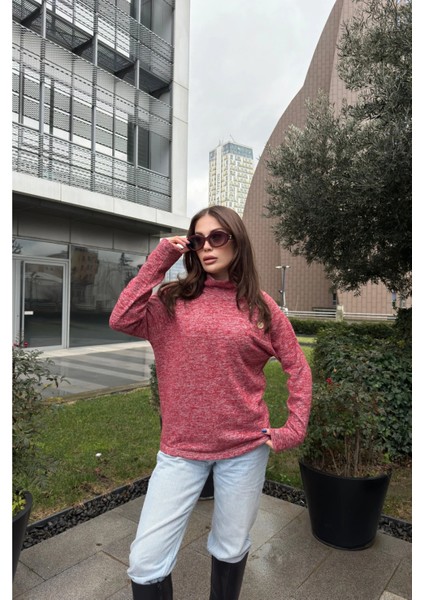Kadın Kırmızı Kendinden Desenli, Yumoş Kumaş, Uzun Kol, Düğme Detaylı, Boğazlı Bluz modelleri
