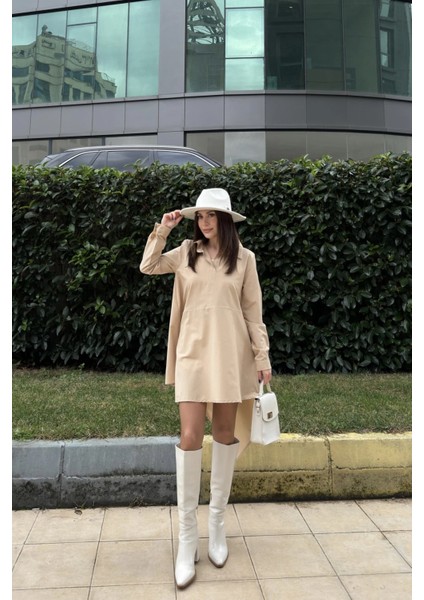 Kadın Bej Gömlek Yaka Uzun Kol Asimetrik Kesim Salaş Midi Tunik Elbise modelleri