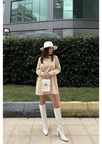 Kadın Bej Gömlek Yaka Uzun Kol Asimetrik Kesim Salaş Midi Tunik Elbise fırsatları