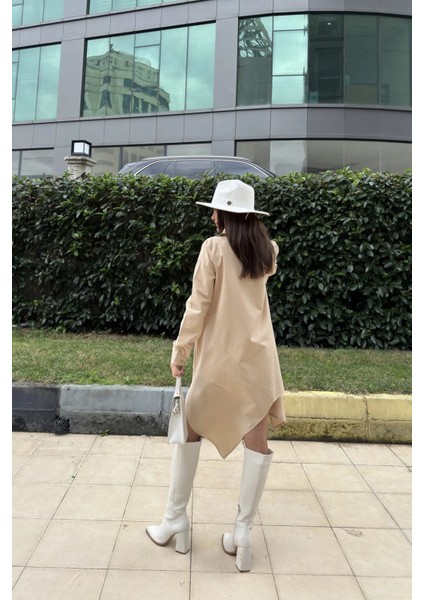 Kadın Bej Gömlek Yaka Uzun Kol Asimetrik Kesim Salaş Midi Tunik Elbise indirimleri