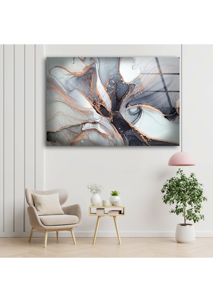 Gri Soyut Mermer Desenli Cam Duvar Tablosu
