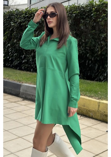 Kadın Yeşil Gömlek Yaka Uzun Kol Asimetrik Kesim Salaş Midi Tunik Elbise