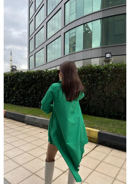 Kadın Yeşil Gömlek Yaka Uzun Kol Asimetrik Kesim Salaş Midi Tunik Elbise fiyatları