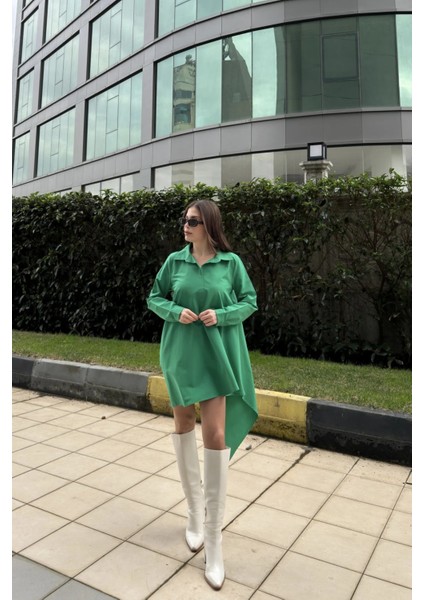 Kadın Yeşil Gömlek Yaka Uzun Kol Asimetrik Kesim Salaş Midi Tunik Elbise modelleri