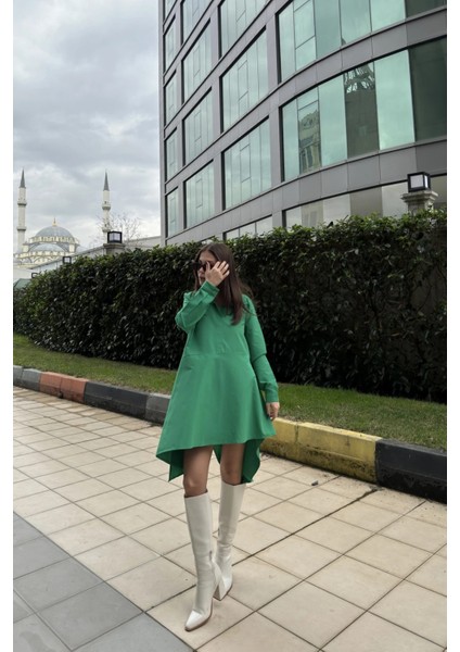 Kadın Yeşil Gömlek Yaka Uzun Kol Asimetrik Kesim Salaş Midi Tunik Elbise fırsatları