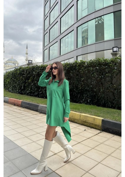 Kadın Yeşil Gömlek Yaka Uzun Kol Asimetrik Kesim Salaş Midi Tunik Elbise indirimleri