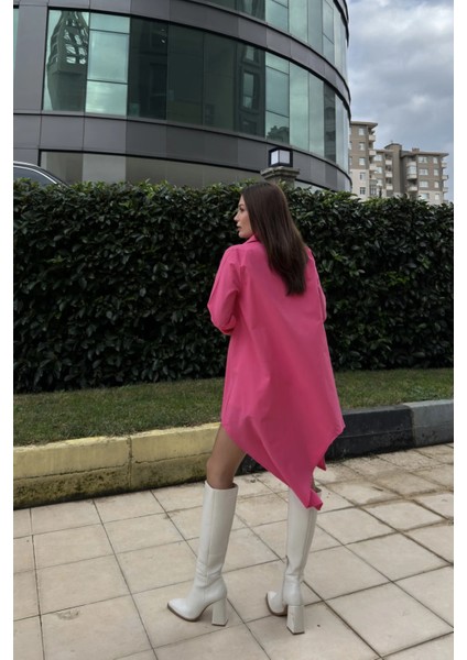 Kadın Fuşya Gömlek Yaka Uzun Kol Asimetrik Kesim Salaş Midi Tunik Elbise fiyatları
