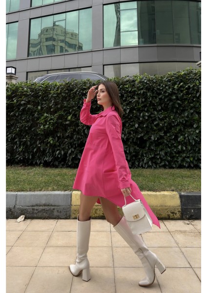 Kadın Fuşya Gömlek Yaka Uzun Kol Asimetrik Kesim Salaş Midi Tunik Elbise modelleri