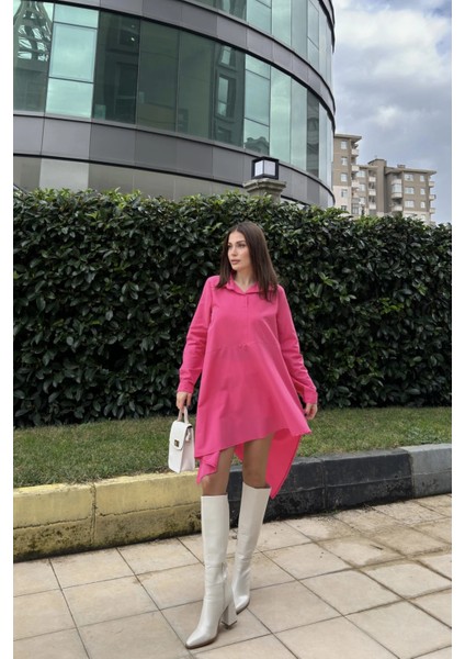 Kadın Fuşya Gömlek Yaka Uzun Kol Asimetrik Kesim Salaş Midi Tunik Elbise fırsatları