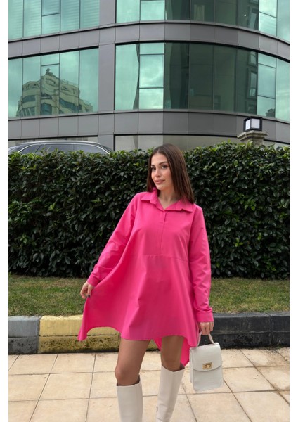 Kadın Fuşya Gömlek Yaka Uzun Kol Asimetrik Kesim Salaş Midi Tunik Elbise indirimleri