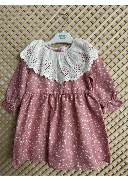 Kız Bebek Dantel Yaka Çiçekli Astarlı Elbise