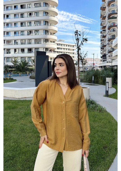 Kadın Hardal V Yaka, Uzun Kol, Airobin Kumaş, Arkası Pliseli, Salaş Gömlek fiyatları