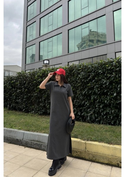 Kadın Antrasit Polo Yaka Kısa Kol Yırtmaçlı Basic Model Uzun Salaş Elbise indirimleri